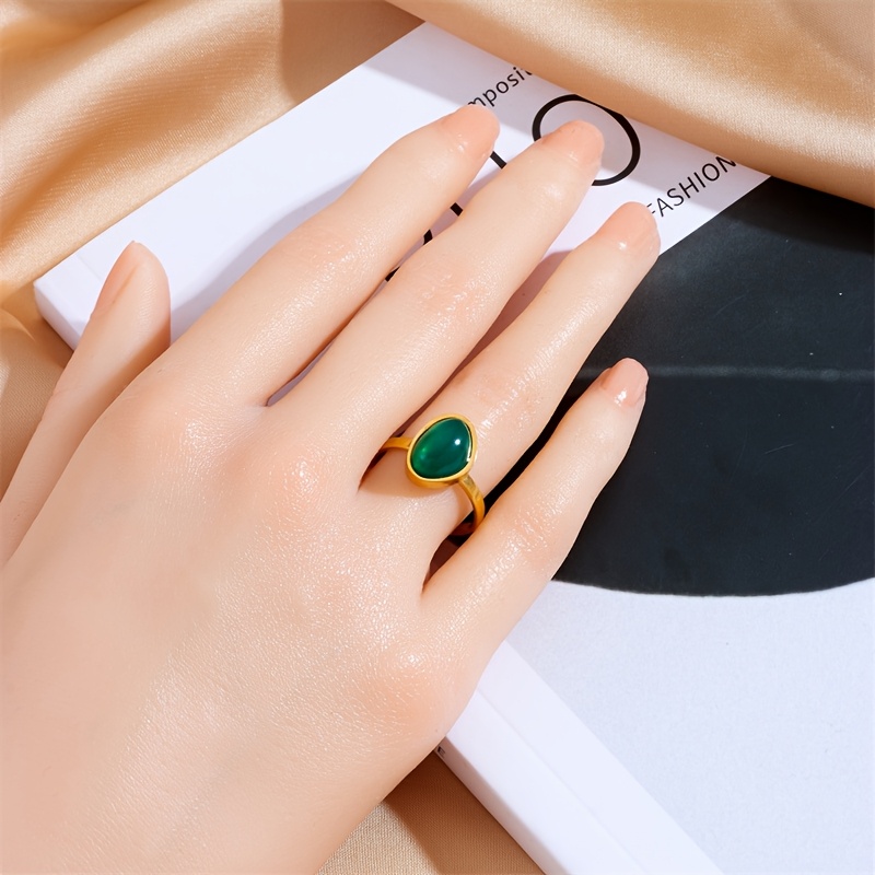 Green Gemstone Stainless Steel Ring - Versatile Women's Jewelry